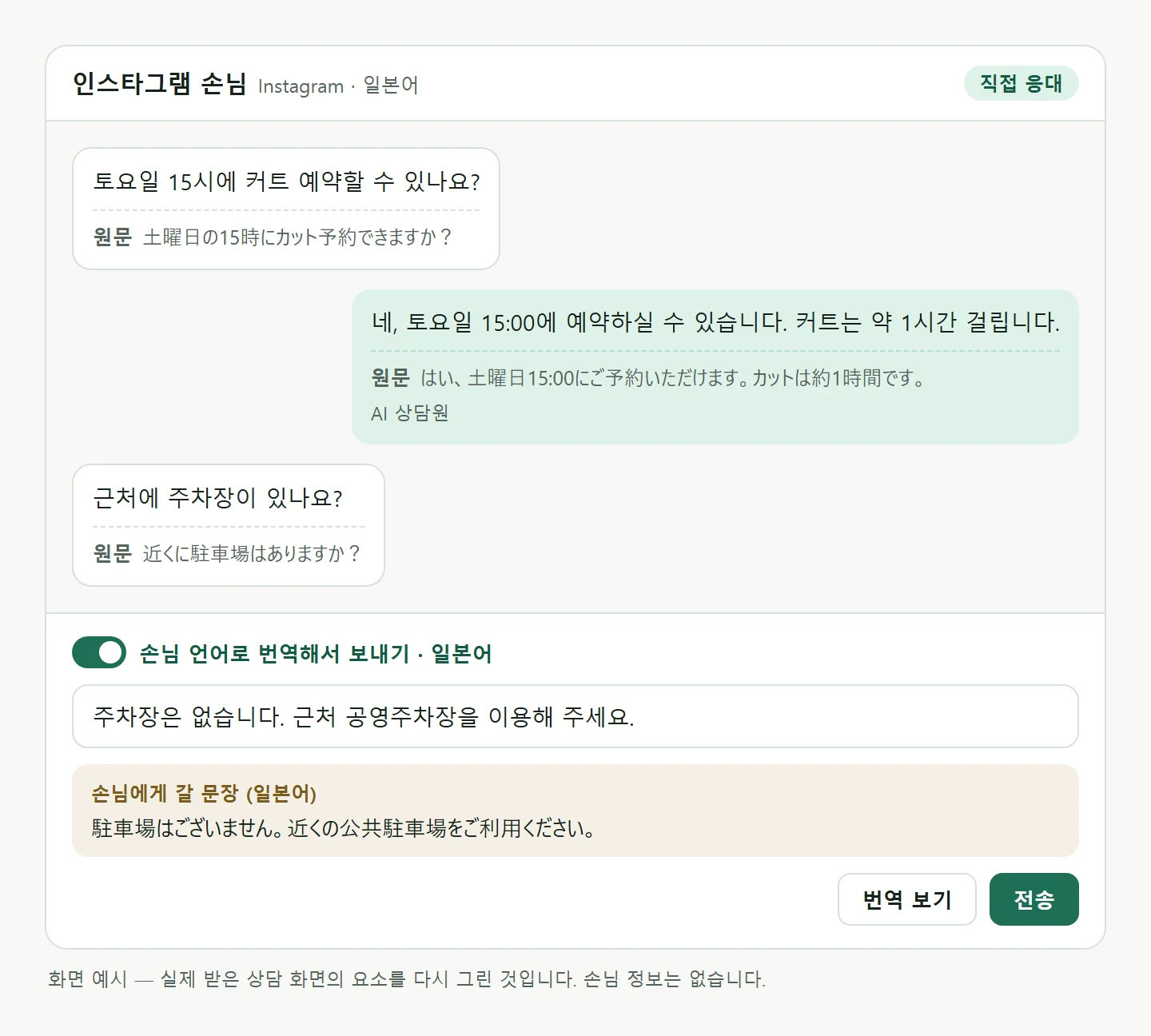 받은 상담 화면 예시. 손님의 일본어 메시지와 AI 상담원의 일본어 답장이 한국어 번역으로 먼저 보이고 아래에 원문이 붙어 있습니다. 작성창에서 「손님 언어로 번역해서 보내기 · 일본어」를 켜고 한국어로 쓰면, 「번역 보기」로 손님에게 갈 일본어 문장을 확인한 뒤 전송합니다.